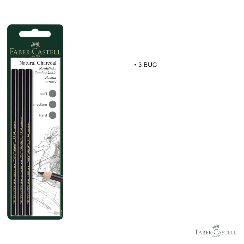 Set 3 creioane carbune natural Faber-Castell Pitt Monochrome, tarii S/M/H, pentru desen artistic [3]