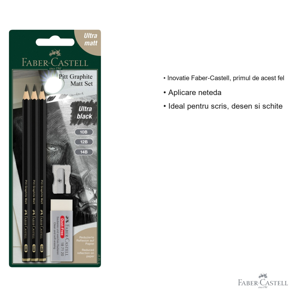Set 3 creioane grafit mat Faber-Castell Pitt, gradatii 10B 12B 14B, pentru desen monocrom si schite artistice [3]