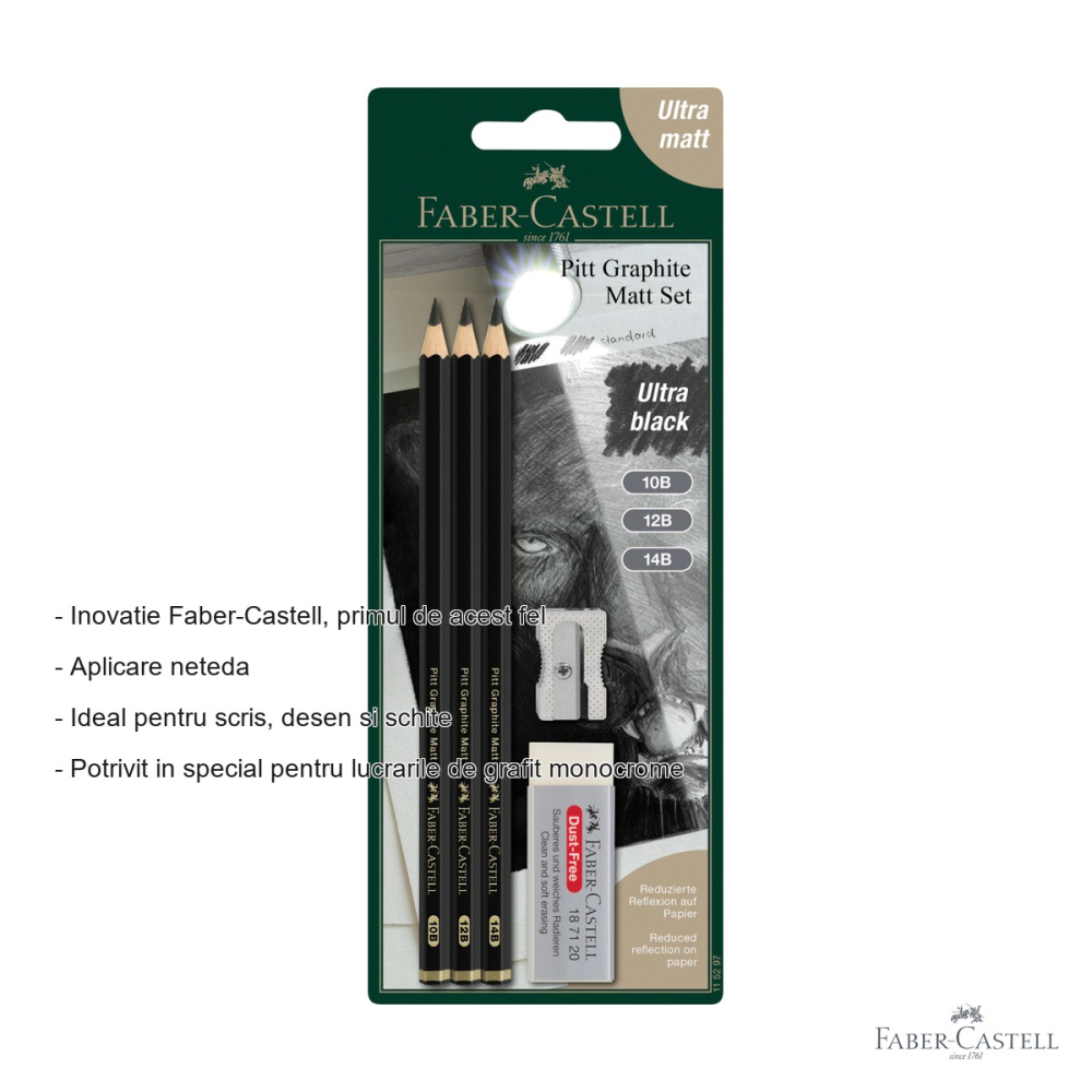 Set 3 creioane grafit mat Faber-Castell Pitt, gradatii 10B 12B 14B, pentru desen monocrom si schite artistice [2]