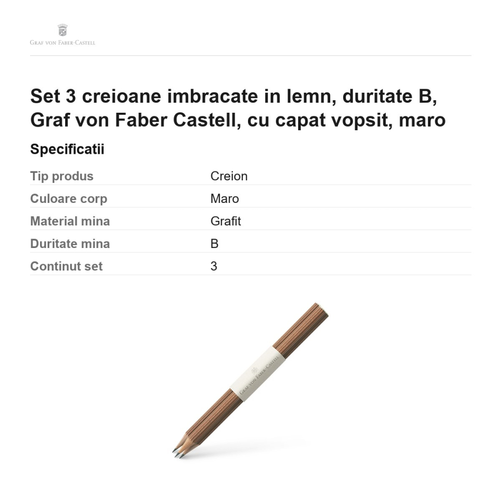 Set 3 creioane imbracate in lemn, duritate B, Graf von Faber Castell, cu capat vopsit, maro [3]