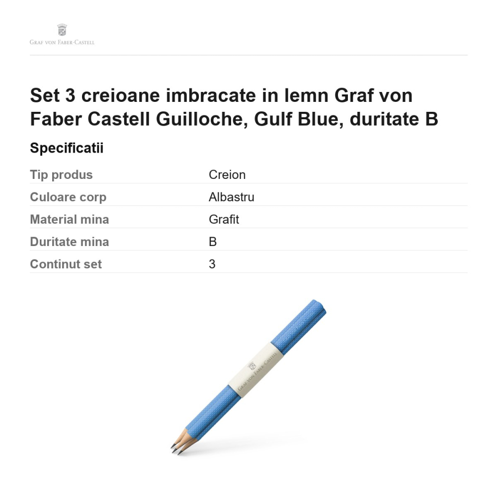 Set 3 creioane imbracate in lemn Graf von Faber Castell Guilloche, Gulf Blue, duritate B [3]