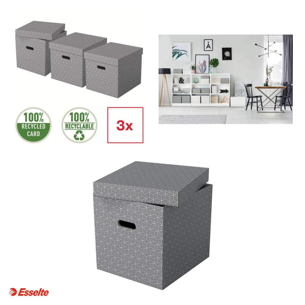 Set 3 cutii depozitare Esselte Home Recycled, Cub, carton, pentru transport, gri [4]