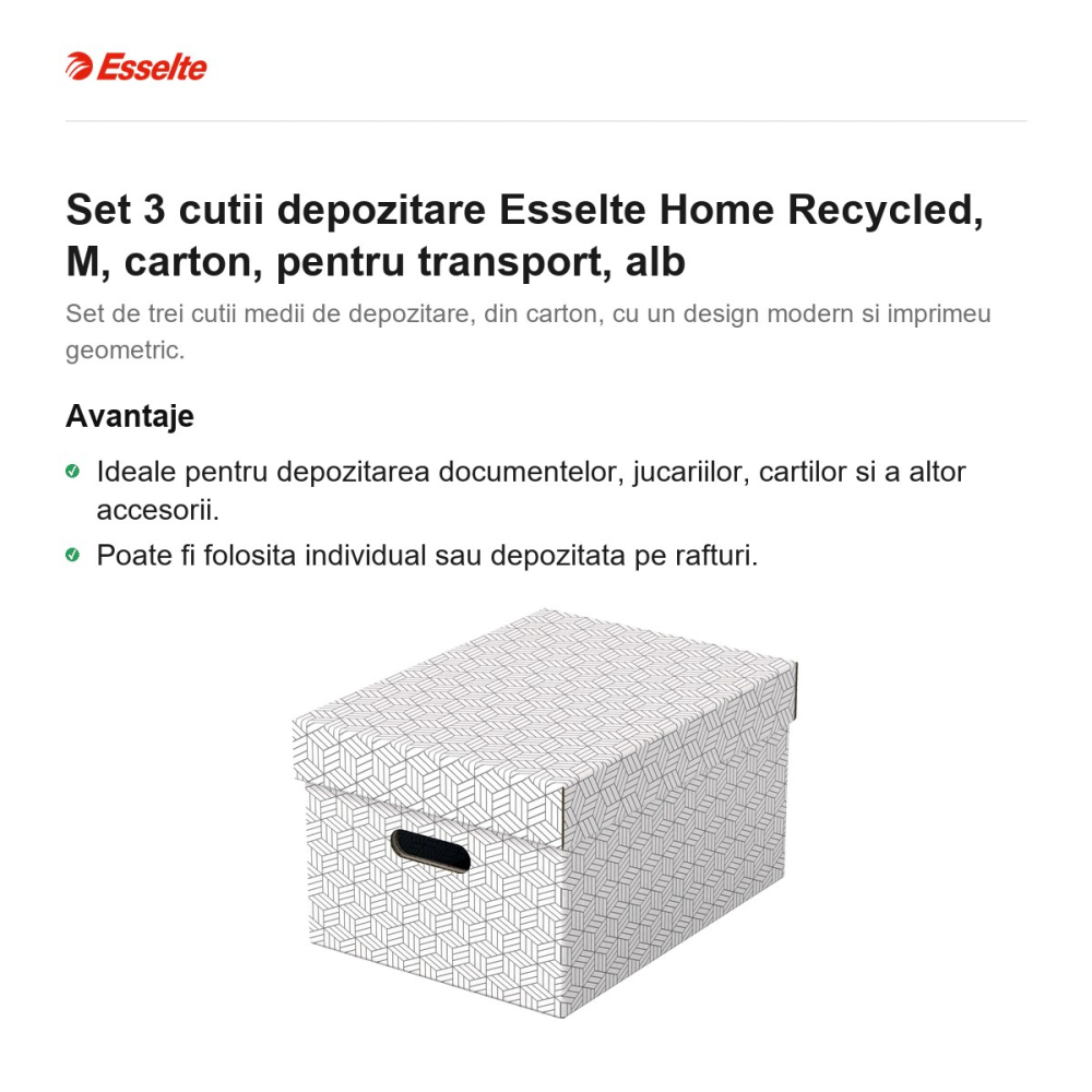 Set 3 cutii depozitare Esselte Home Recycled, M, carton, pentru transport, alb [2]