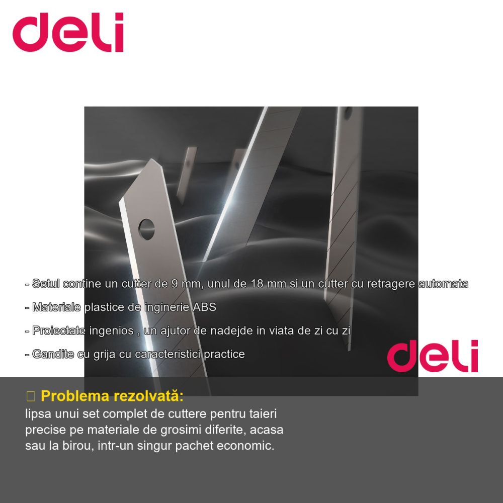 Set 3 cuttere Deli Home Series, lame inox innegrite 9mm/18mm/retragere automata, pentru uz casnic si birou [2]