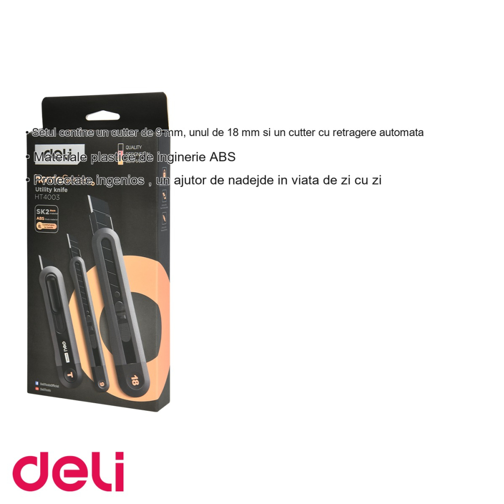 Set 3 cuttere negre Deli Home Series, sina metalica, lame inox, 9mm/18mm/retragere automata, pentru uz casnic si birou [3]