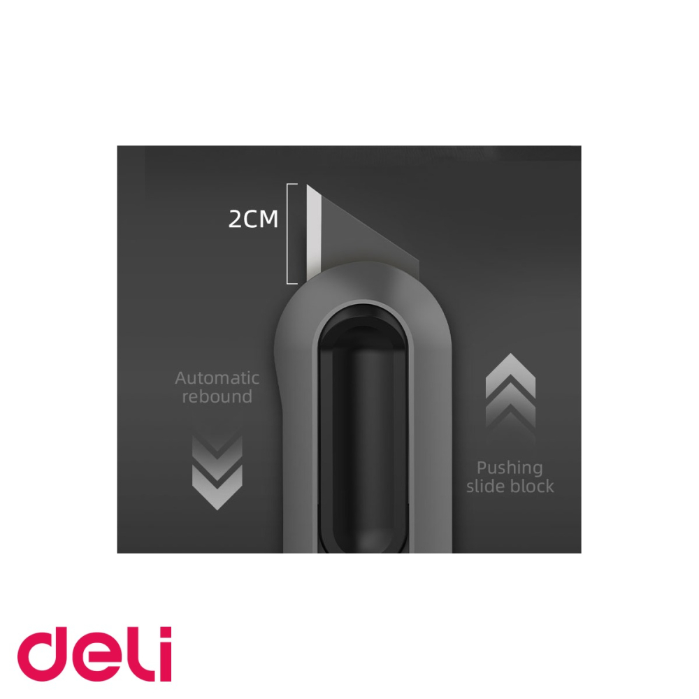 Set 3 cuttere negre Deli Home Series, sina metalica, lame inox, 9mm/18mm/retragere automata, pentru uz casnic si birou [4]