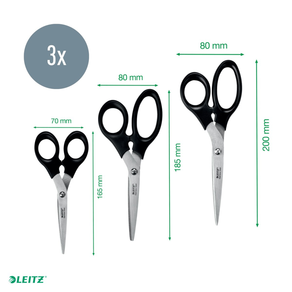 Set 3 foarfece de birou Leitz din otel inoxidabil, 16.5 cm, 18.5 cm si 20 cm, negru [5]