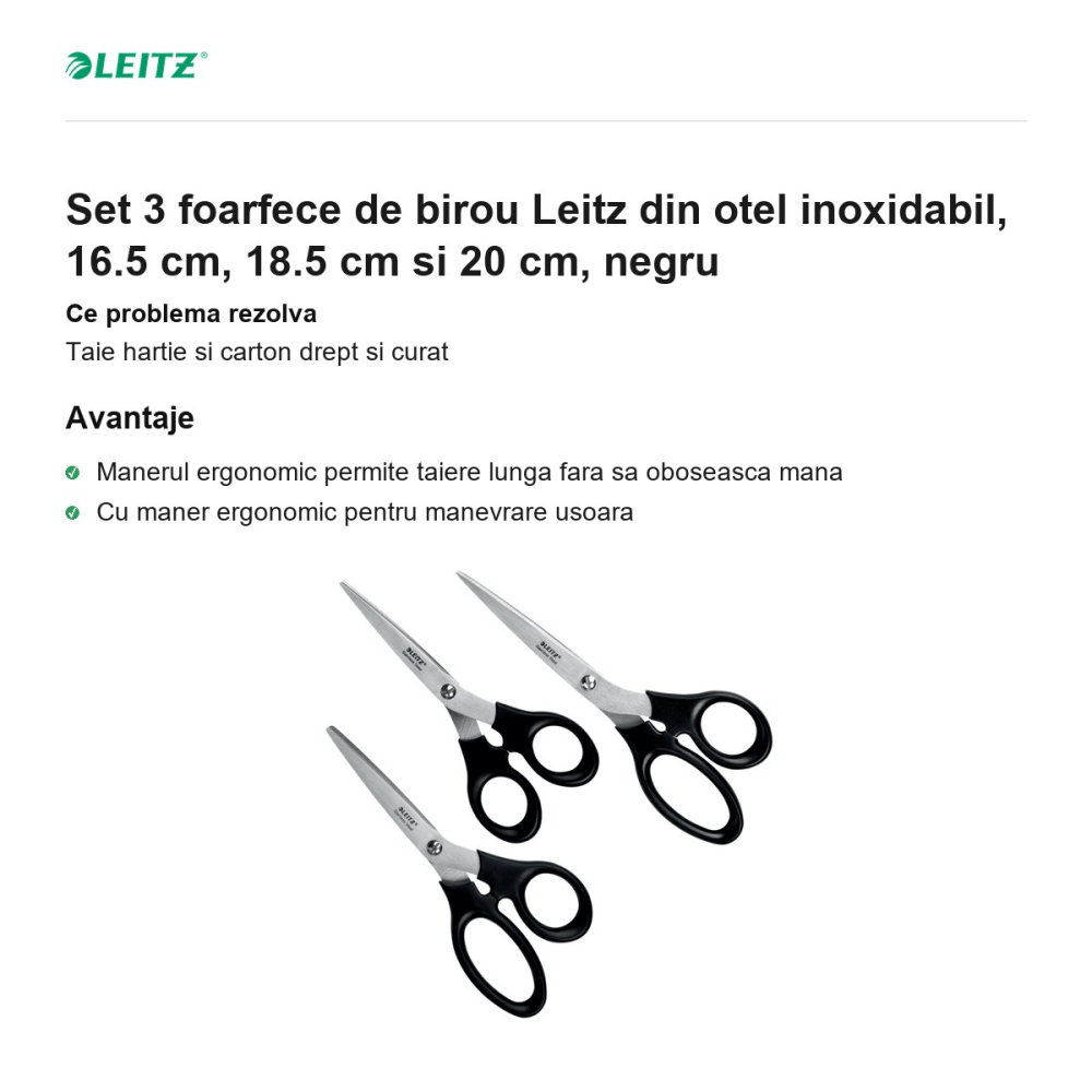 Set 3 foarfece de birou Leitz din otel inoxidabil, 16.5 cm, 18.5 cm si 20 cm, negru [2]
