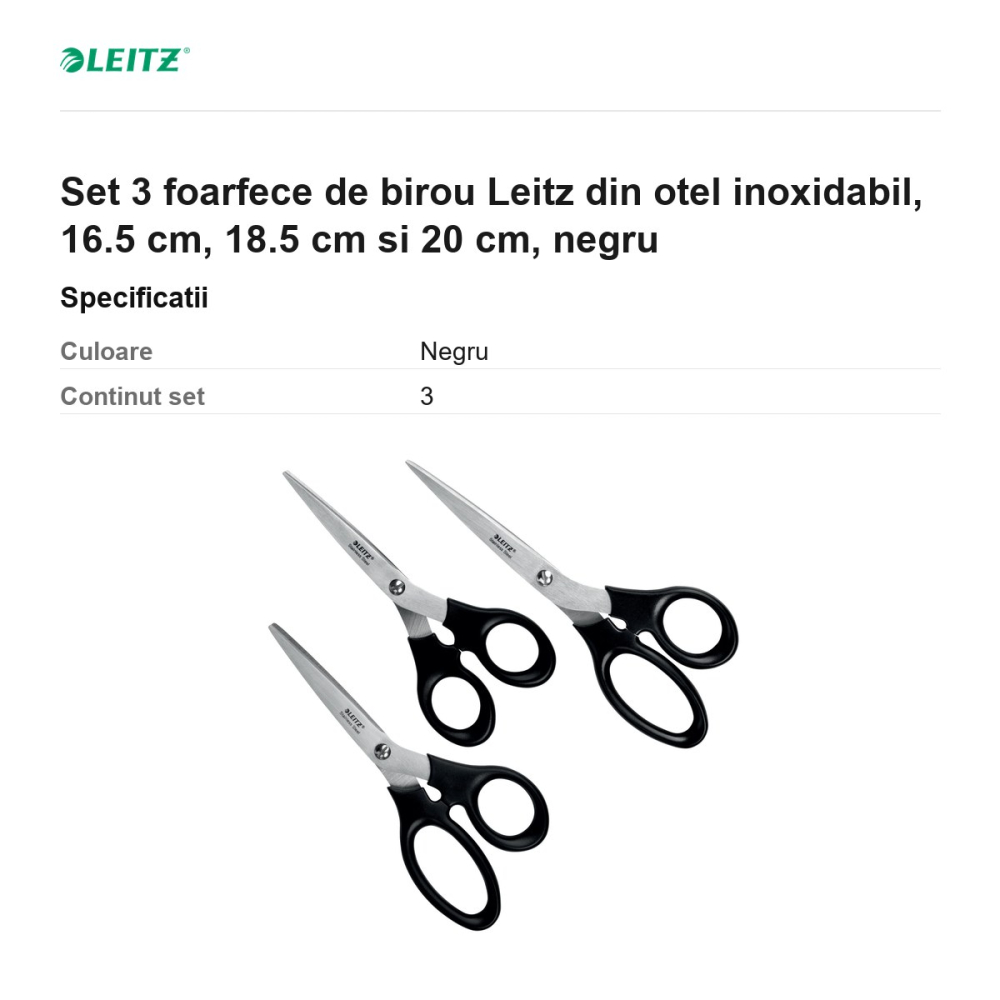 Set 3 foarfece de birou Leitz din otel inoxidabil, 16.5 cm, 18.5 cm si 20 cm, negru [3]