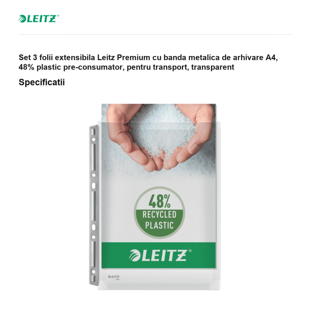 Set 3 folii extensibila Leitz Premium cu banda metalica de arhivare A4, 48% plastic pre-consumator, pentru transport, transparent [3]