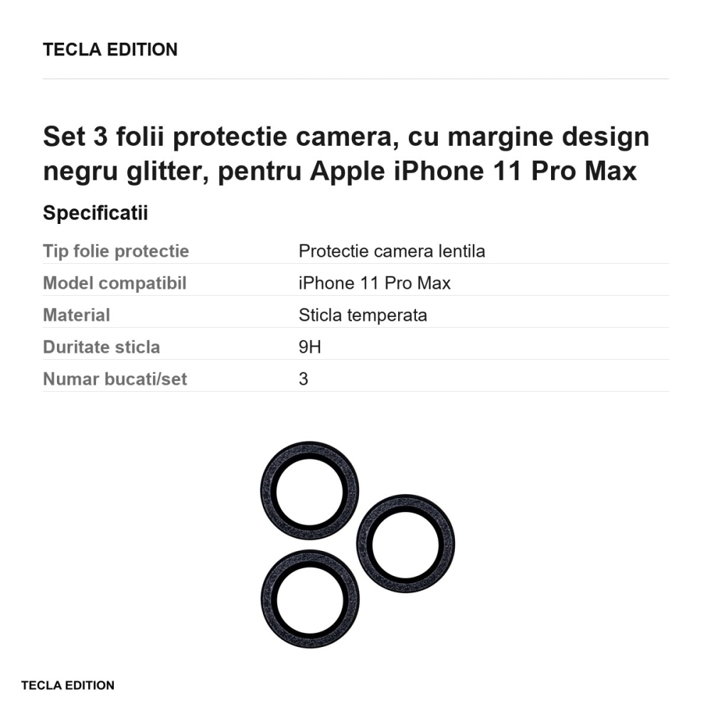 Set 3 folii protectie camera, cu margine design negru glitter, pentru Apple iPhone 11 Pro Max [3]