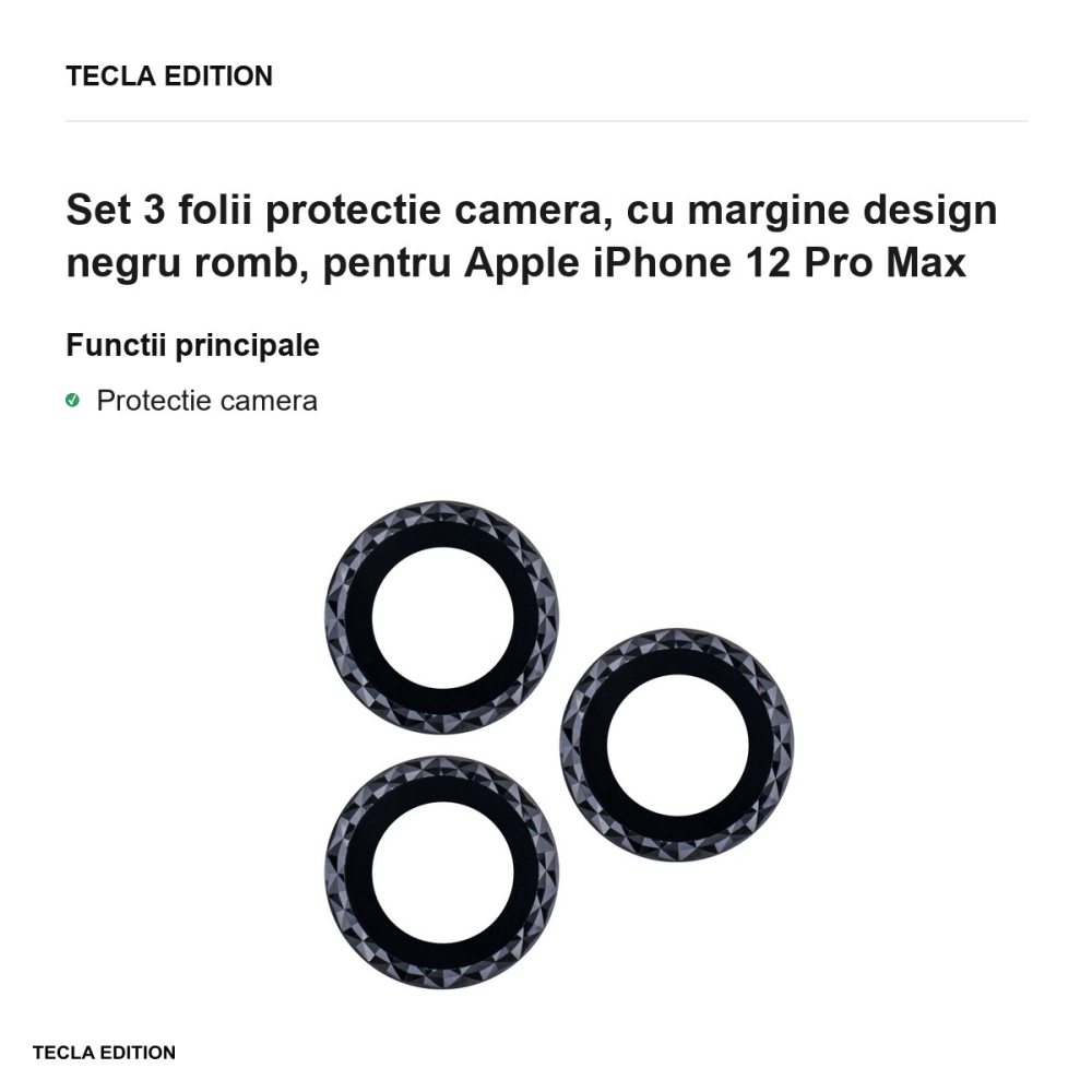 Set 3 folii protectie camera, cu margine design negru romb, pentru Apple iPhone 12 Pro Max [2]