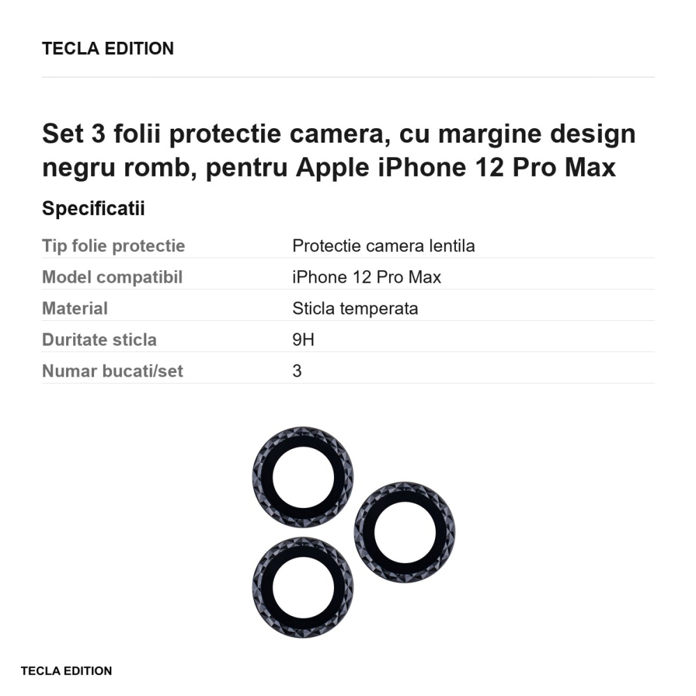 Set 3 folii protectie camera, cu margine design negru romb, pentru Apple iPhone 12 Pro Max [3]