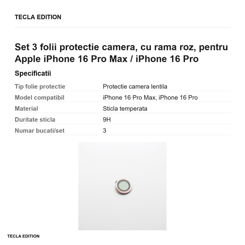 Set 3 folii protectie camera, cu rama roz, pentru Apple iPhone 16 Pro Max / iPhone 16 Pro [3]
