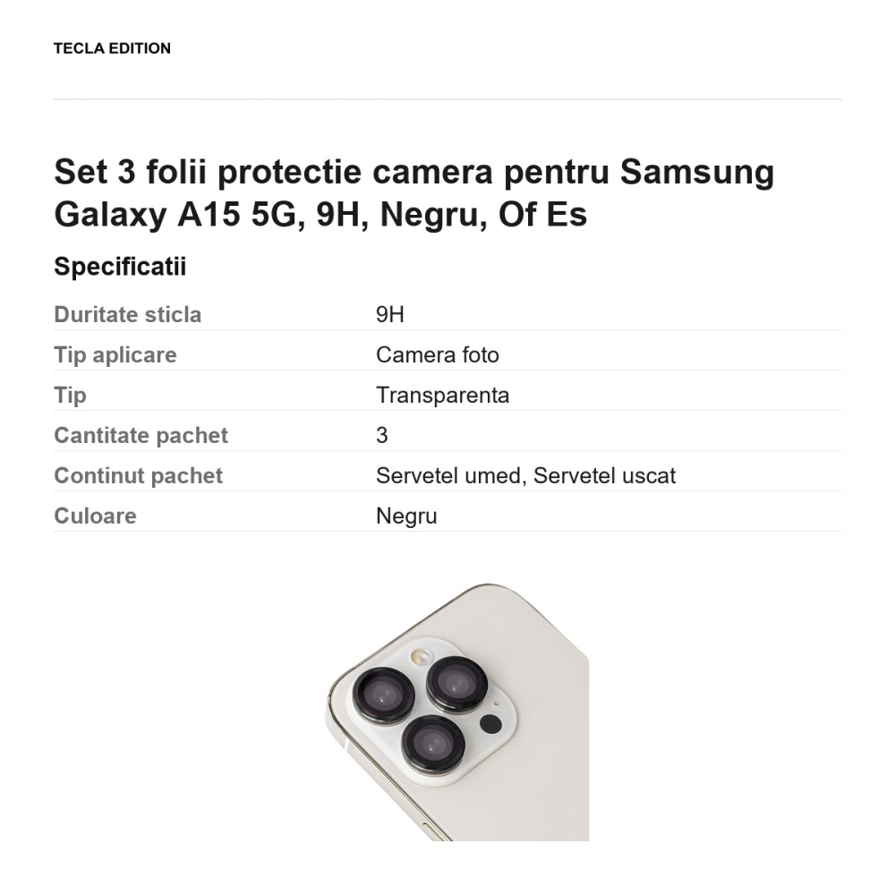 Set 3 folii protectie camera pentru Samsung Galaxy A15 5G, 9H, Negru, Of Es [3]
