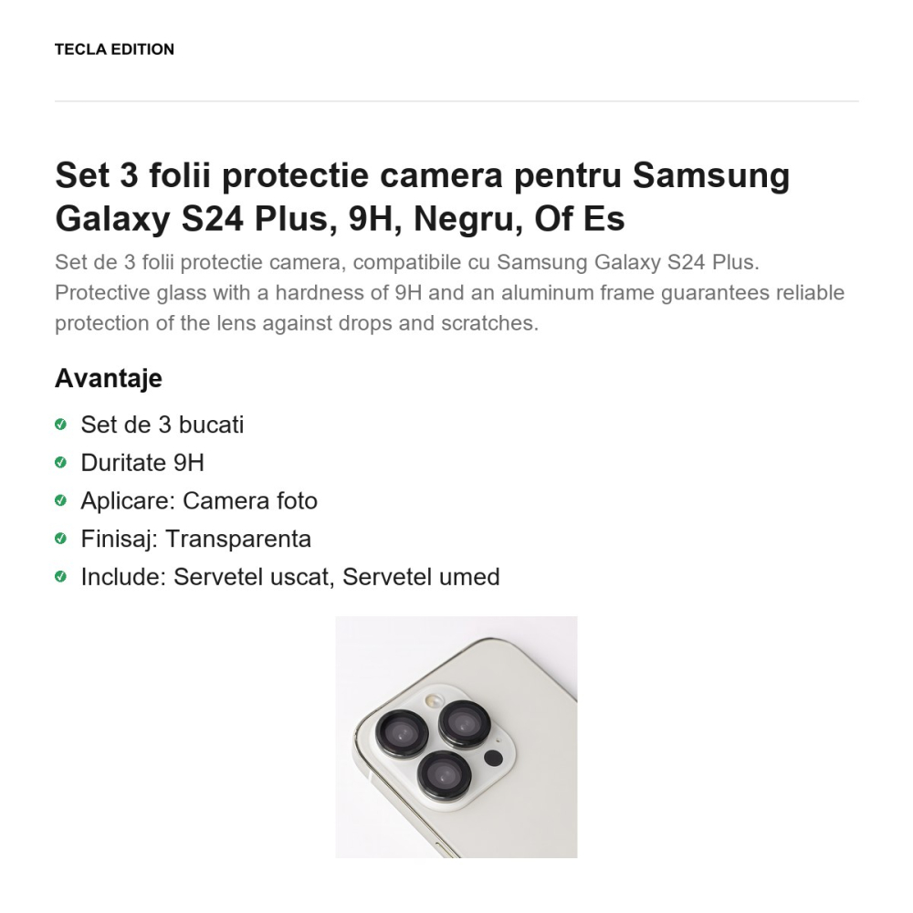 Set 3 folii protectie camera pentru Samsung Galaxy S24 Plus, 9H, Negru, Of Es [2]