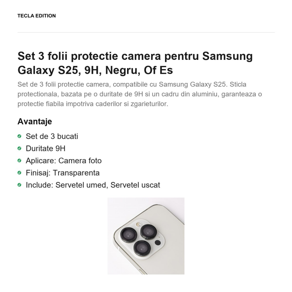 Set 3 folii protectie camera pentru Samsung Galaxy S25, 9H, Negru, Of Es [2]