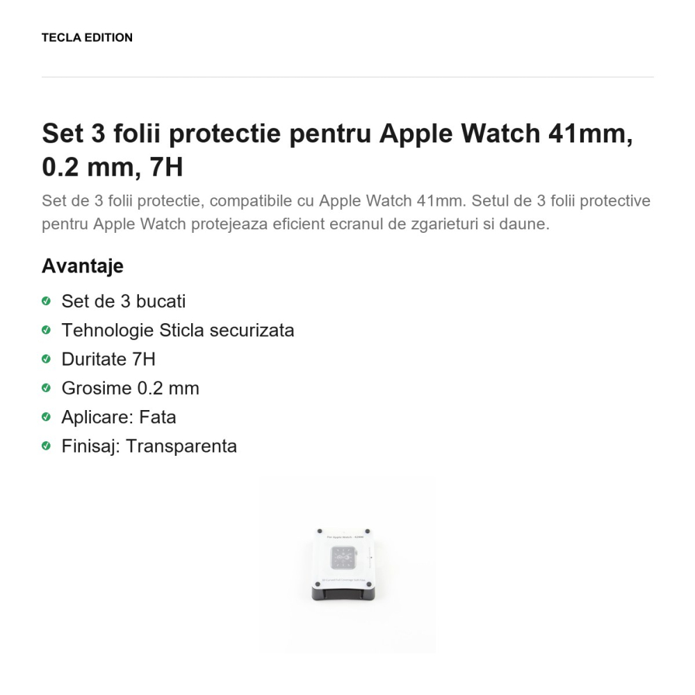 Set 3 folii protectie pentru Apple Watch 41mm, 0.2 mm, 7H [2]