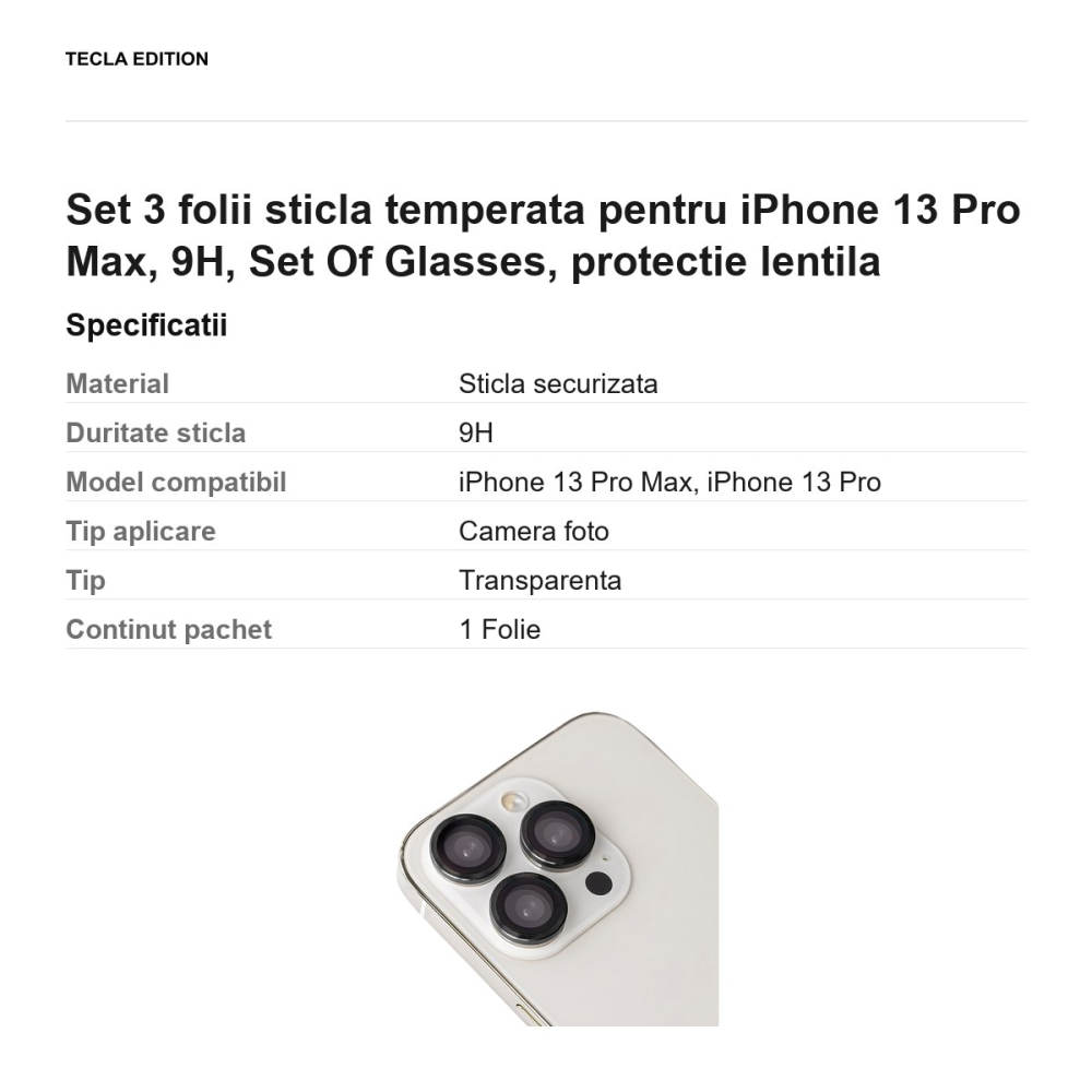 Set 3 folii sticla temperata pentru iPhone 13 Pro Max, 9H, Set Of Glasses, protectie lentila [3]