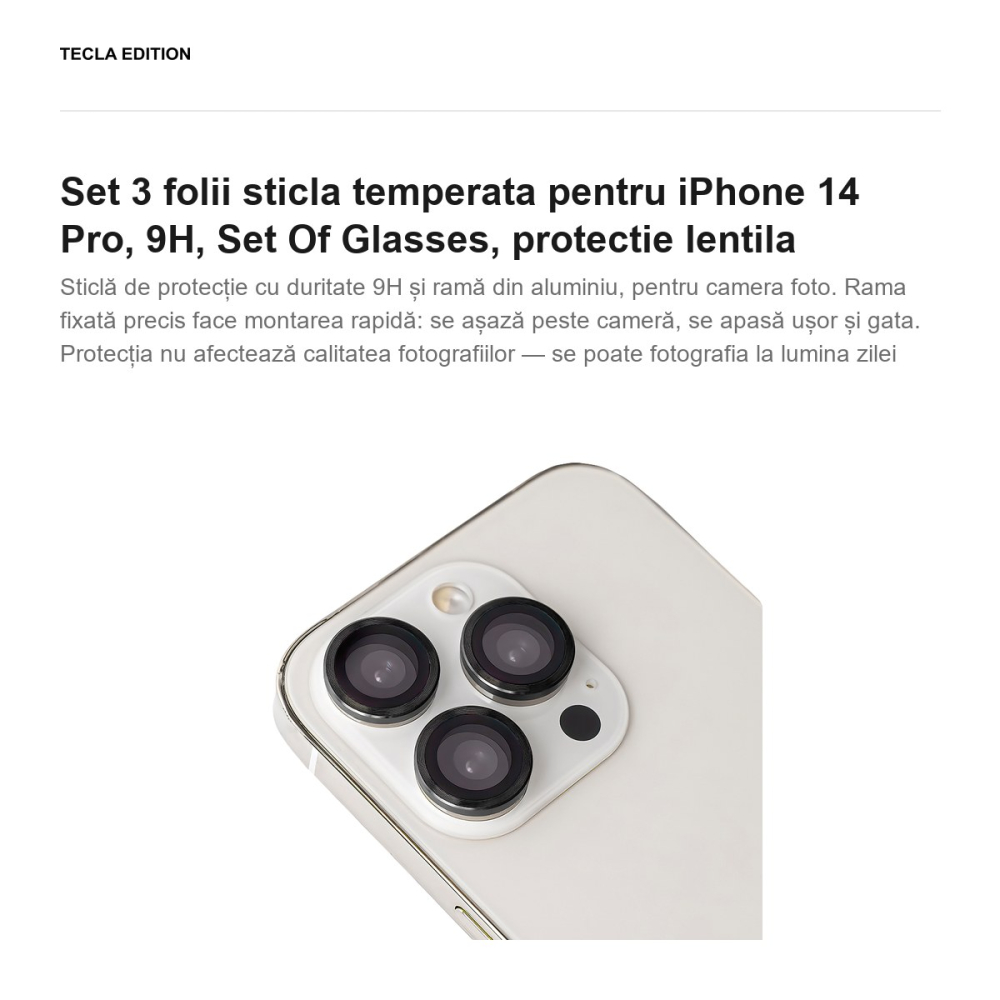 Set 3 folii sticla temperata pentru iPhone 14 Pro, 9H, Set Of Glasses, protectie lentila [2]