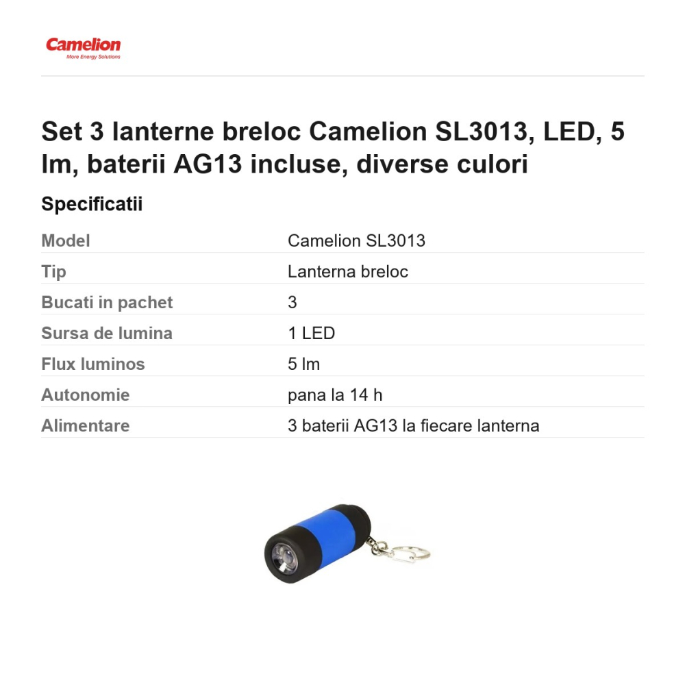 Set 3 lanterne breloc Camelion SL3013, LED, 5 lm, baterii AG13 incluse, diverse culori [3]