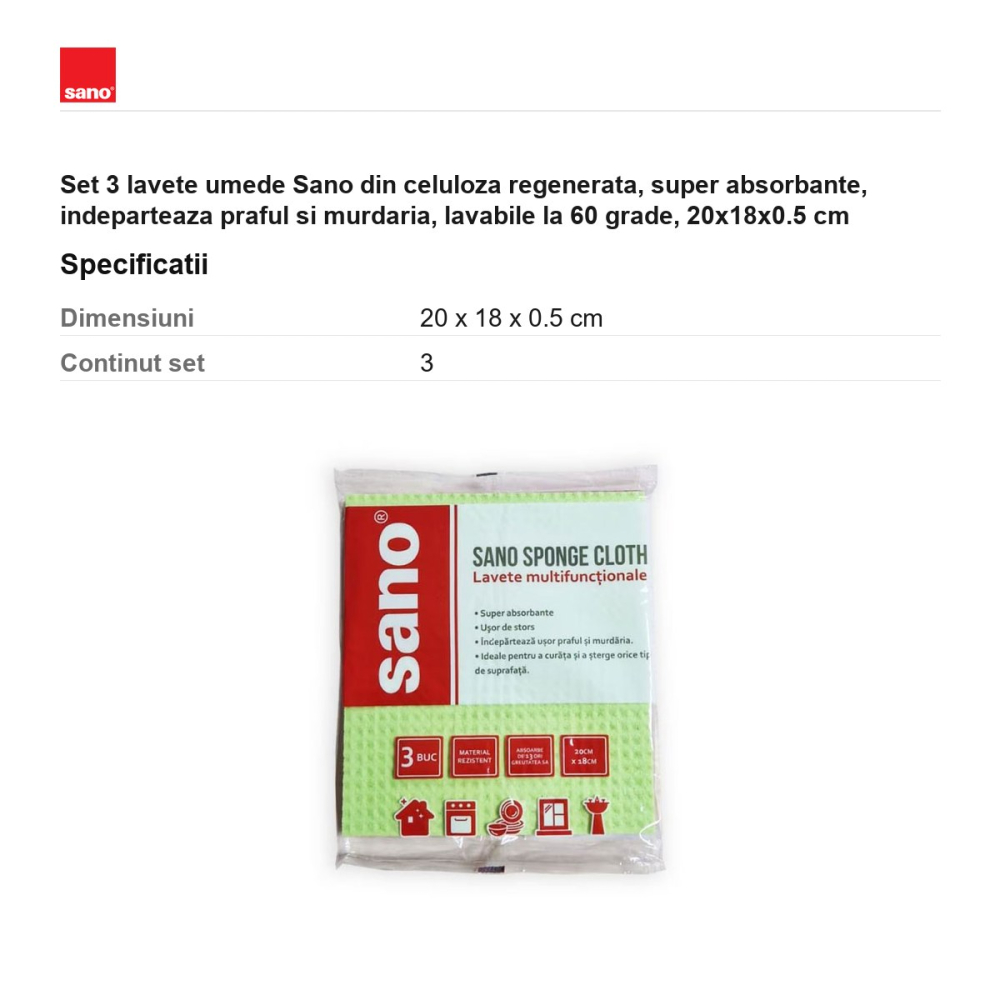 Set 3 lavete umede Sano din celuloza regenerata, super absorbante, indeparteaza praful si murdaria, lavabile la 60 grade, 20x18x0.5 cm [3]