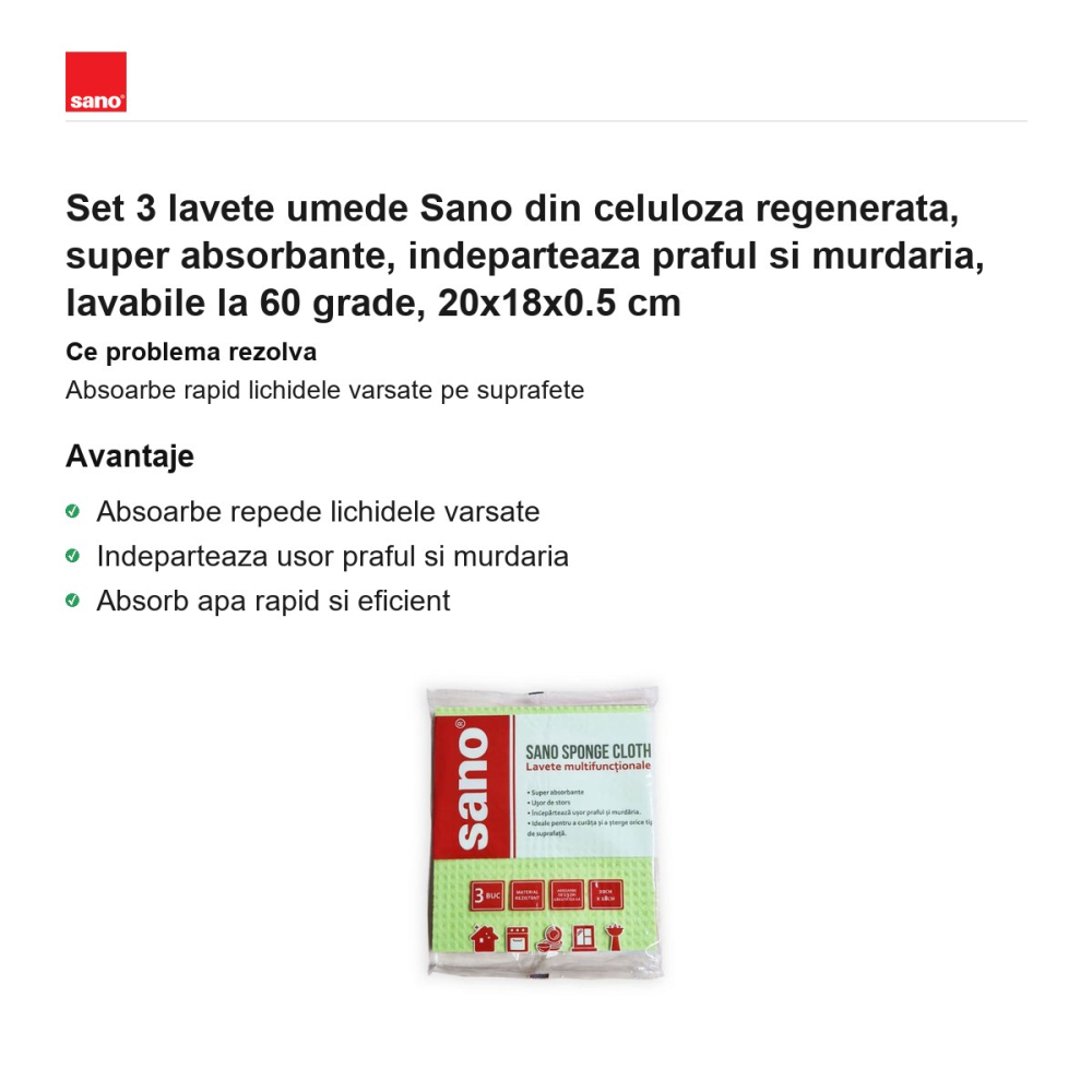 Set 3 lavete umede Sano din celuloza regenerata, super absorbante, indeparteaza praful si murdaria, lavabile la 60 grade, 20x18x0.5 cm [2]