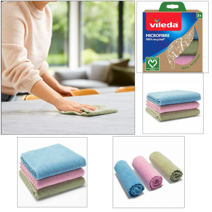 Set 3 lavete Vileda Microfibre 100% Recycled 22863, pentru curatenie, 30 x 30 cm, multifunctionale [5]