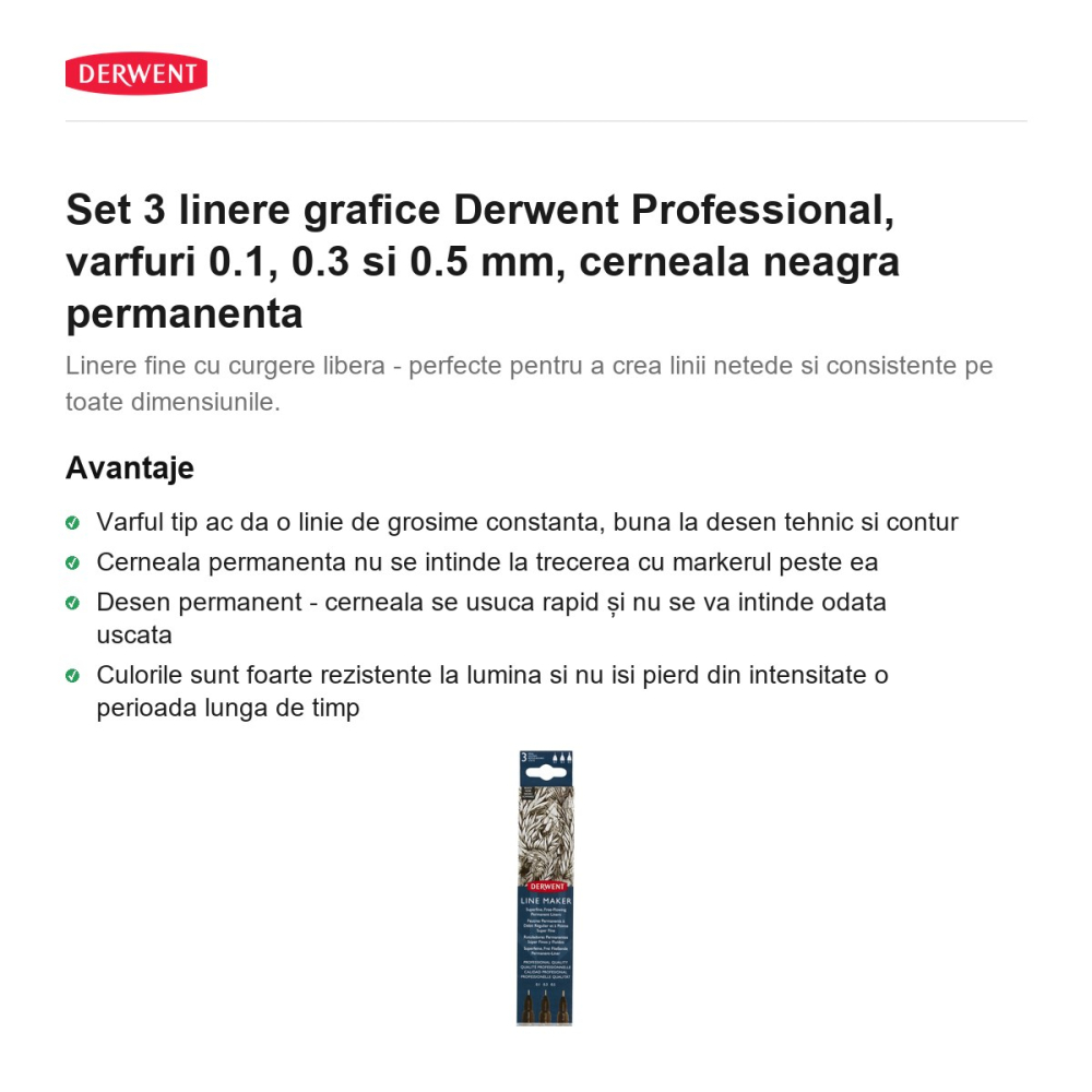 Set 3 linere grafice Derwent Professional, varfuri 0.1, 0.3 si 0.5 mm, cerneala neagra permanenta [2]