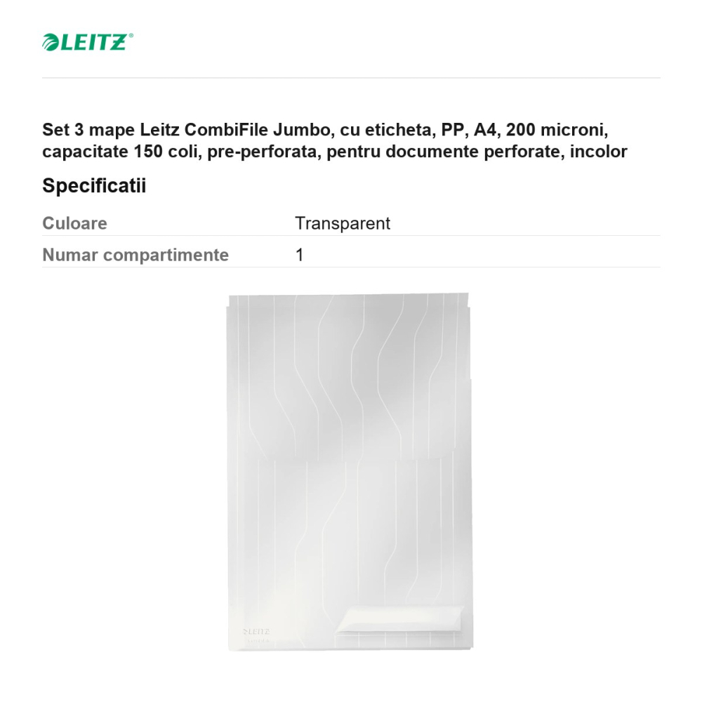 Set 3 mape Leitz CombiFile Jumbo, cu eticheta, PP, A4, 200 microni, capacitate 150 coli, pre-perforata, pentru documente perforate, incolor [3]