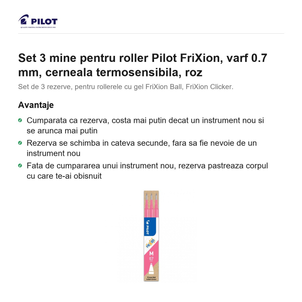 Set 3 mine pentru roller Pilot FriXion, varf 0.7 mm, cerneala termosensibila, roz [2]