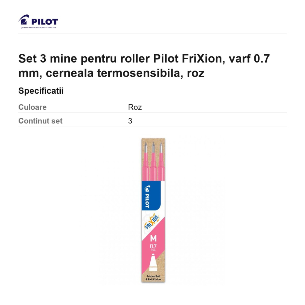Set 3 mine pentru roller Pilot FriXion, varf 0.7 mm, cerneala termosensibila, roz [3]