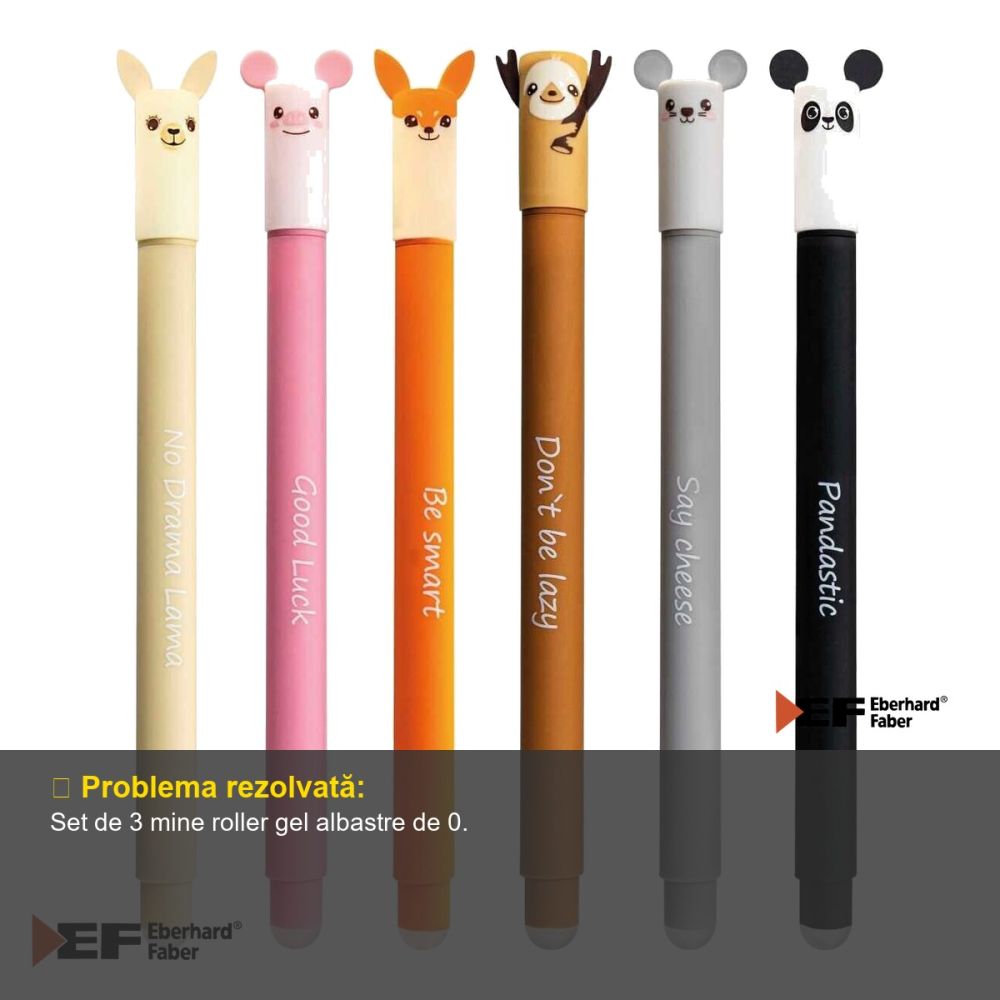 Set 3 mine roller gel Eberhard Faber Erasable Animal, 0.7 mm, albastre, compatibile cu roller erasable [4]