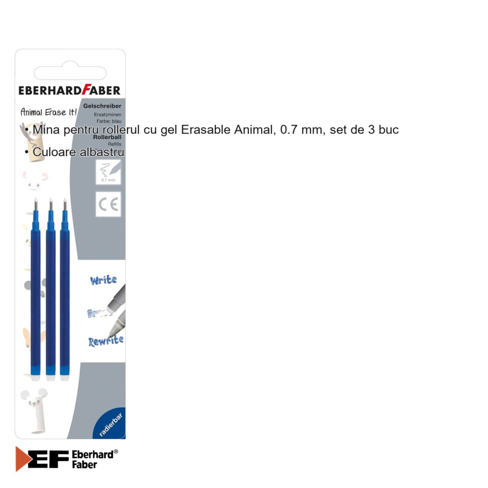 Set 3 mine roller gel Eberhard Faber Erasable Animal, 0.7 mm, albastre, compatibile cu roller erasable [3]