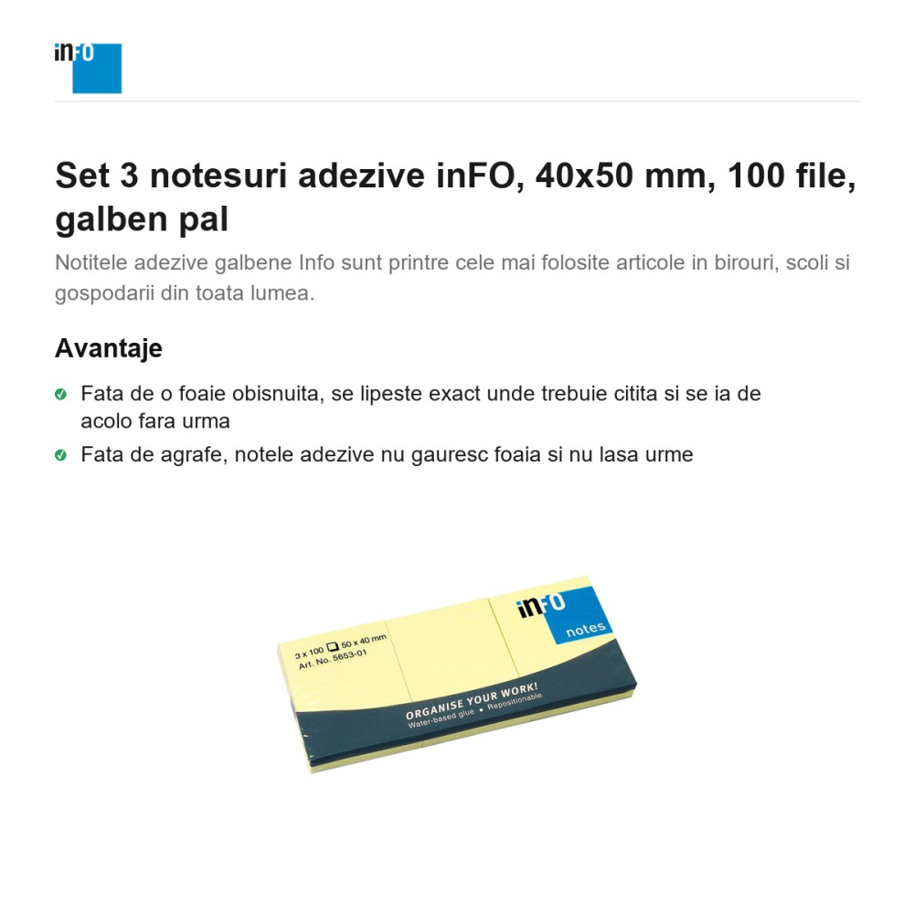 Set 3 notesuri adezive inFO, 40x50 mm, 100 file, galben pal [2]