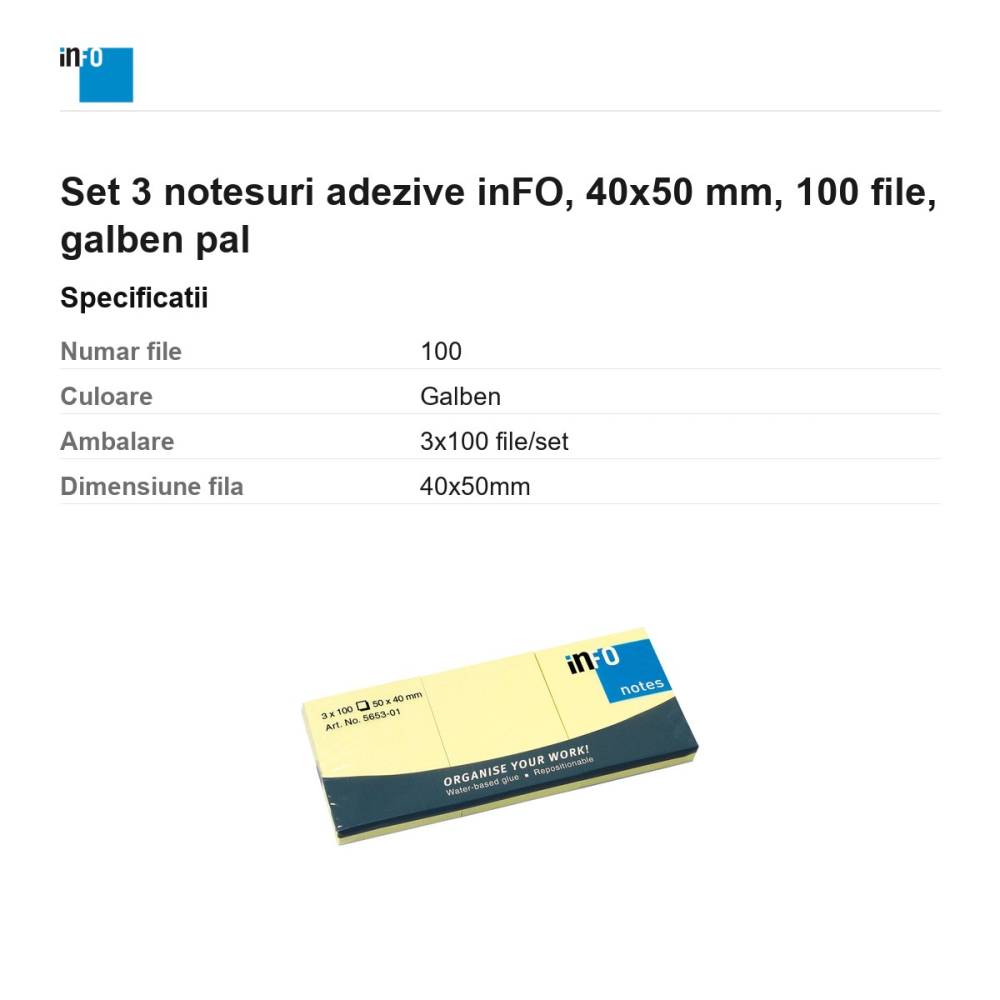 Set 3 notesuri adezive inFO, 40x50 mm, 100 file, galben pal [3]