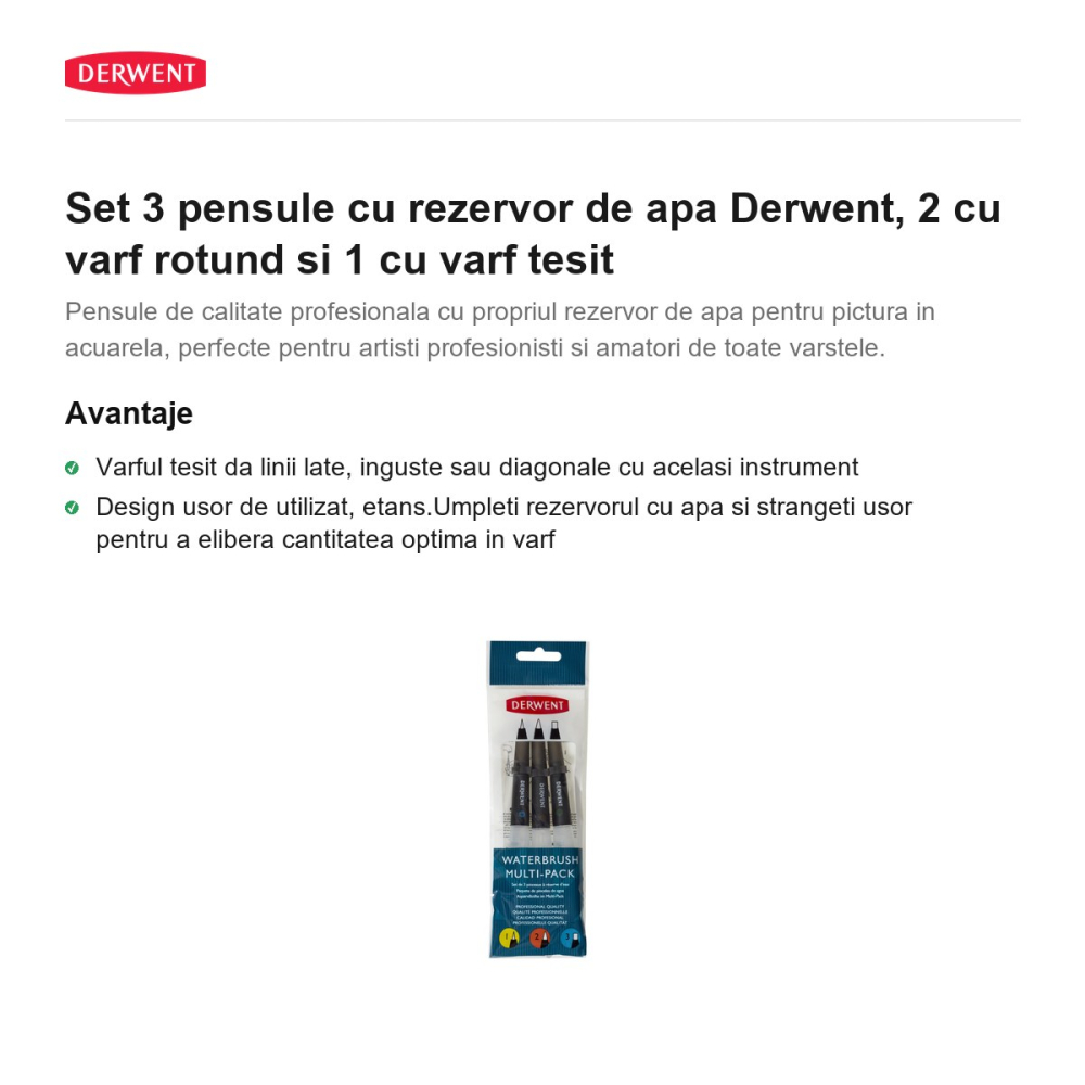 Set 3 pensule cu rezervor de apa Derwent, 2 cu varf rotund si 1 cu varf tesit [2]