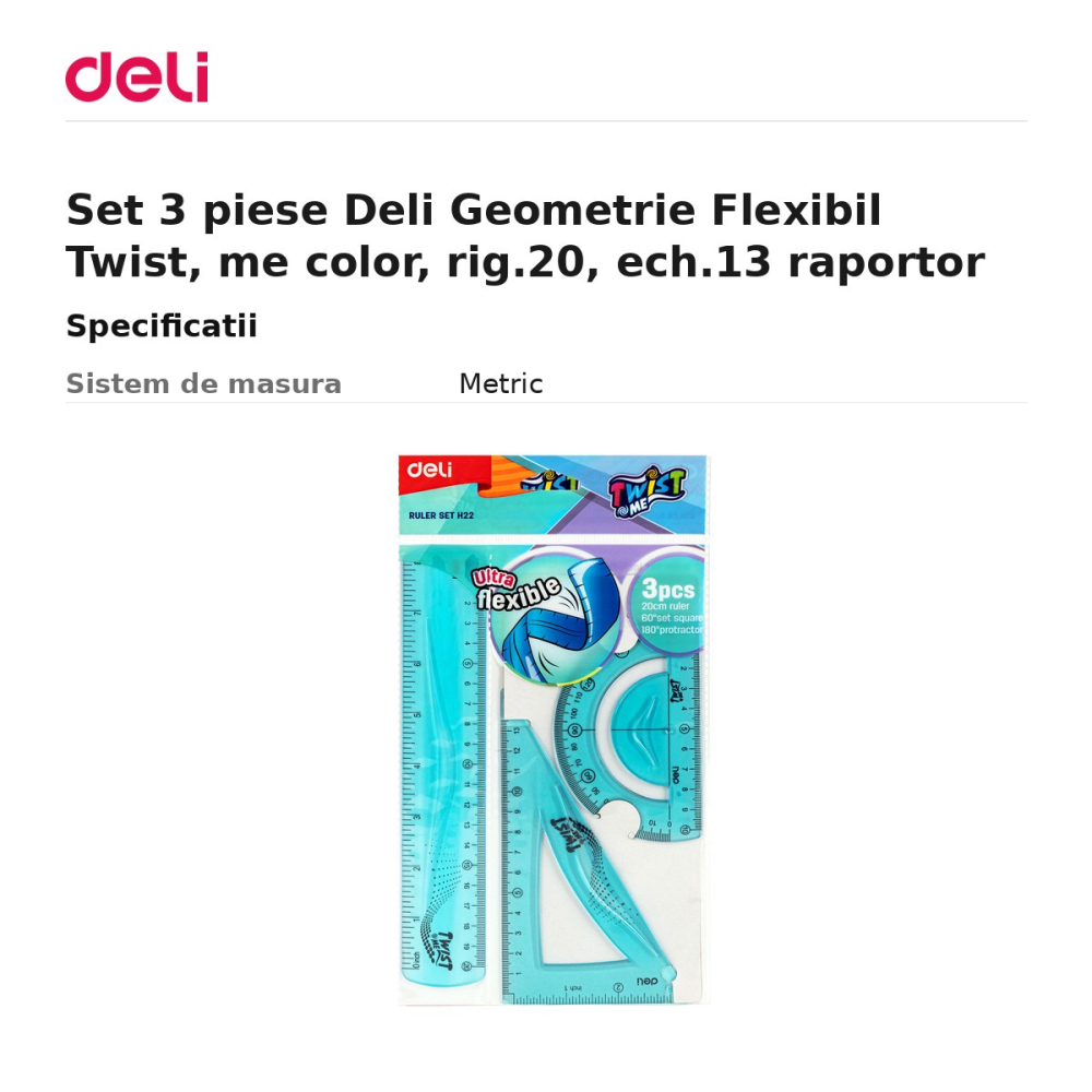 Set 3 piese Deli Geometrie Flexibil Twist, me color, rig.20, ech.13 raportor [3]