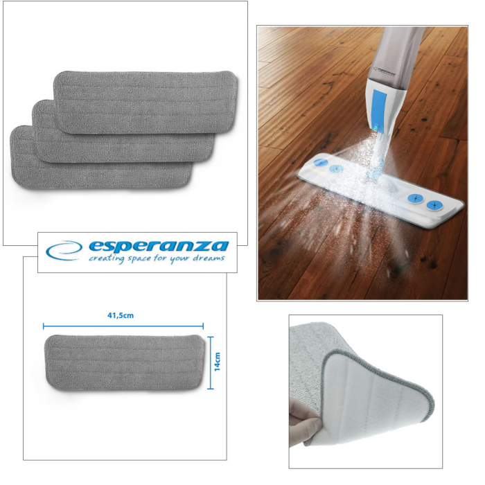 Set 3 rezerve din microfibra pentru mop plat dreptunghiular cu prindere tip scai, 41.5 x 14 cm, Esperanza 96491, pentru curatenie, reutilizabile [4]