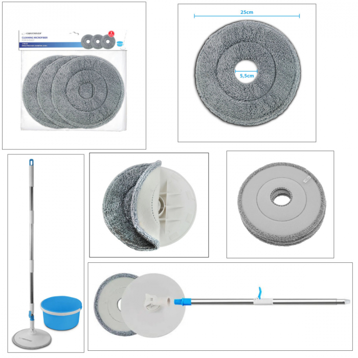 Set 3 rezerve din microfibra pentru mop plat rotund cu prindere tip scai, 25 x 25 cm, Esperanza 96489, pentru curatenie, reutilizabile [3]