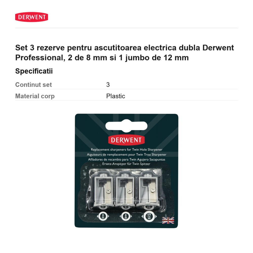 Set 3 rezerve pentru ascutitoarea electrica dubla Derwent Professional, 2 de 8 mm si 1 jumbo de 12 mm [3]