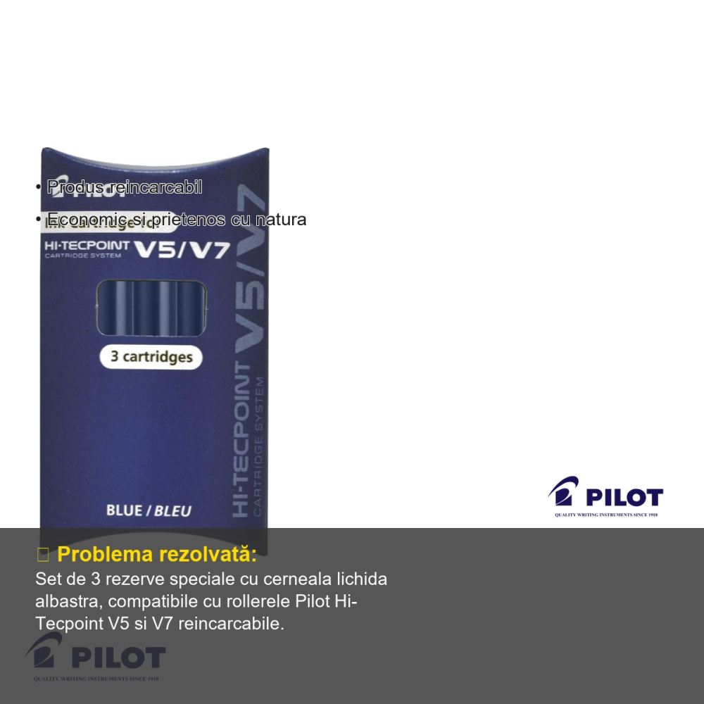 Set 3 rezerve roller Pilot Hi-Tecpoint V5/V7, cerneala lichida albastra, compatibile rollere reincarcabile [3]