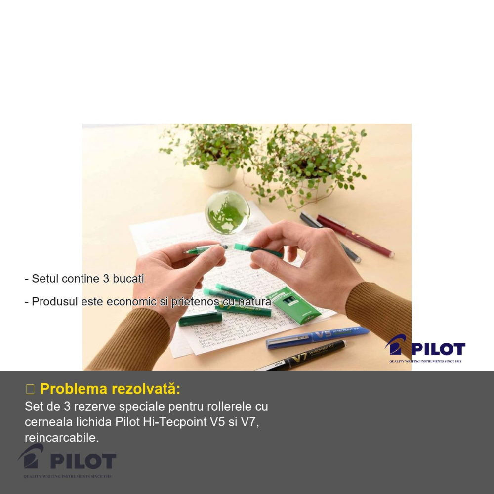 Set 3 rezerve roller Pilot Hi-Tecpoint V5/V7, cerneala lichida verde, reincarcabile [2]