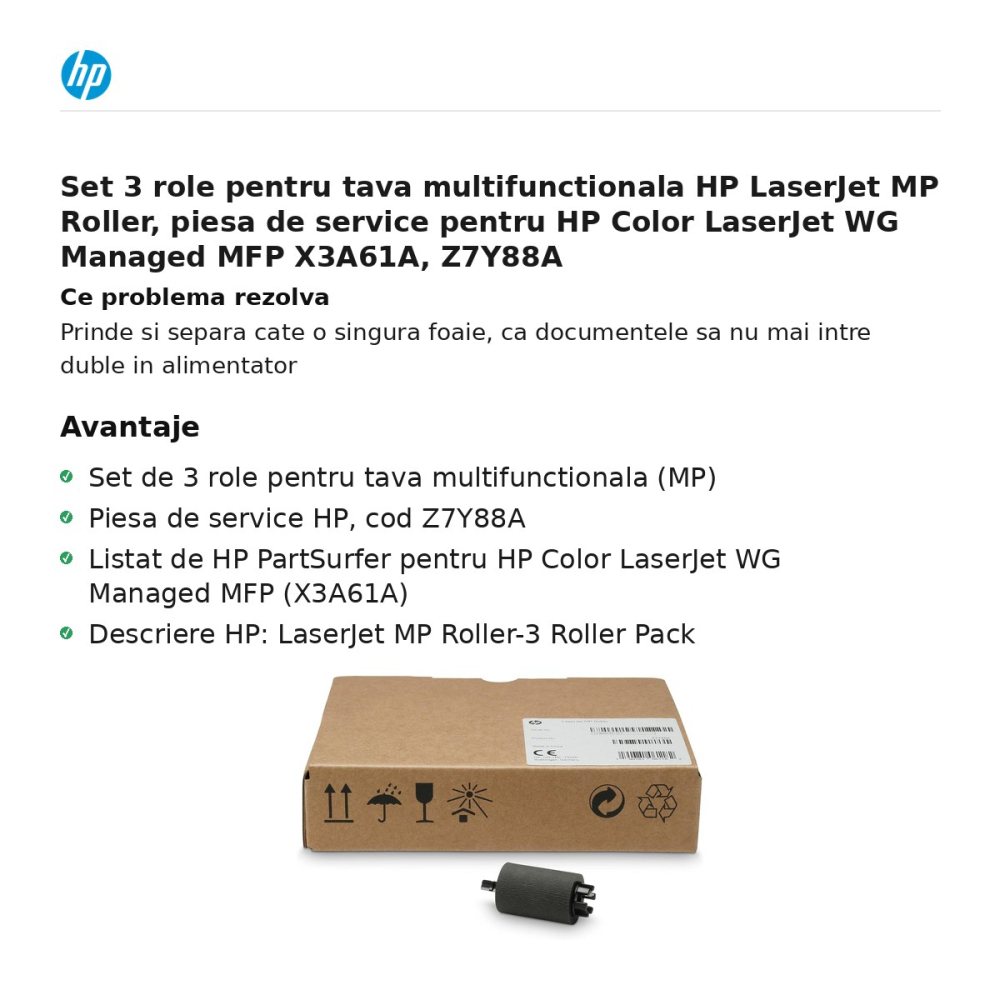 Set 3 role pentru tava multifunctionala HP LaserJet MP Roller, piesa de service pentru HP Color LaserJet WG Managed MFP X3A61A, Z7Y88A [2]