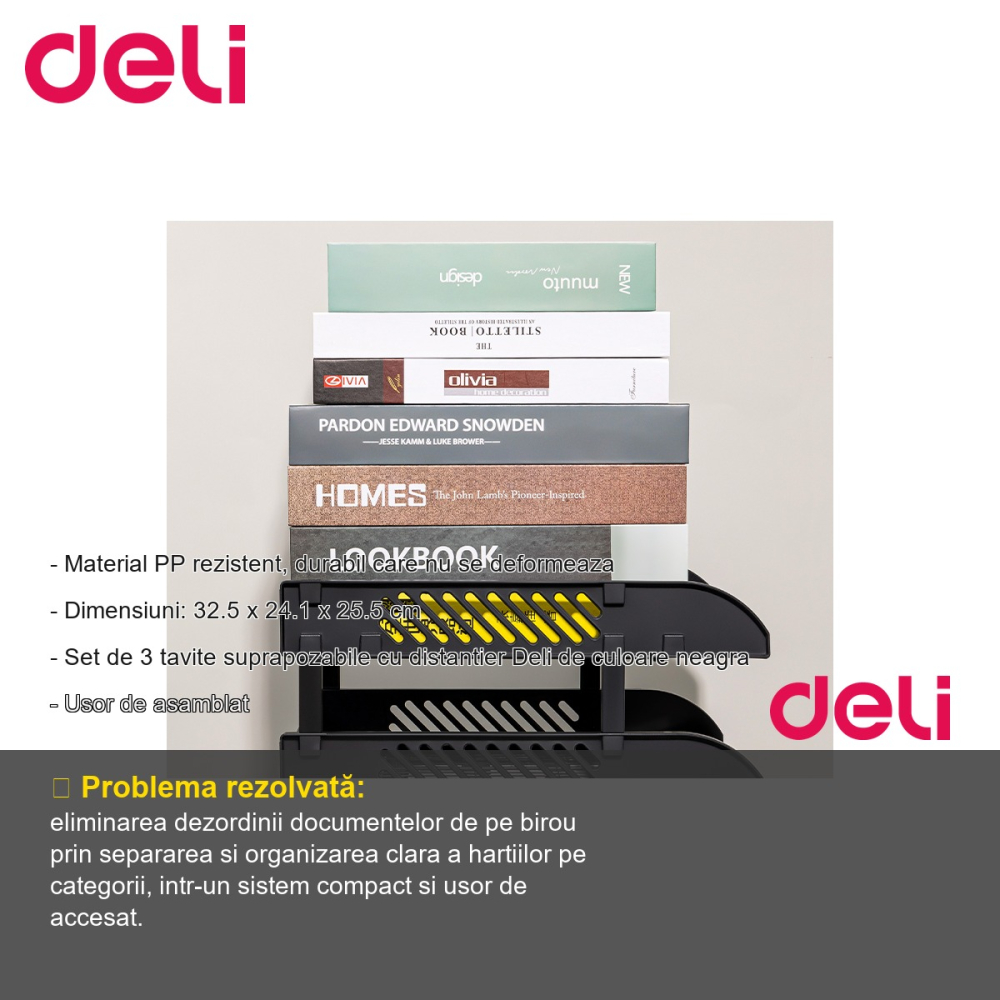 Set 3 tavite suprapozabile Deli, cu distantier, material PP rezistent, pentru organizare documente birou [2]