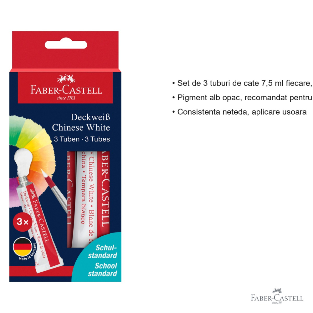 Set 3 tuburi tempera alba Faber-Castell, 7,5 ml, pigment opac, pentru desen si amestec culori [3]