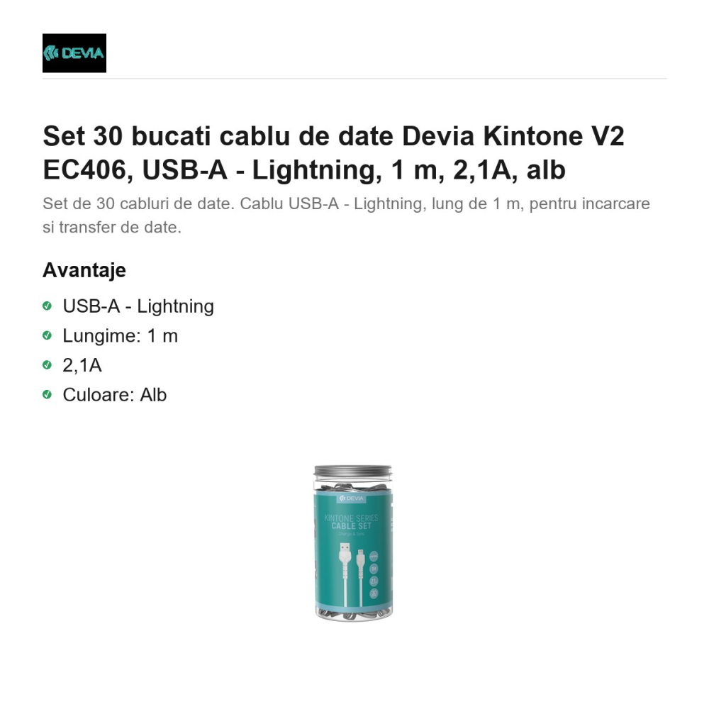 Set 30 bucati cablu de date Devia Kintone V2 EC406, USB-A - Lightning, 1 m, 2,1A, alb [2]