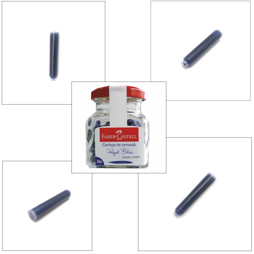 Set 30 Cartuse Cerneala Albastru Royal pentru Stilou, Care Poate fi Stearsa, Faber-Castell, in Borcan pentru Depozitare, Standard International [4]