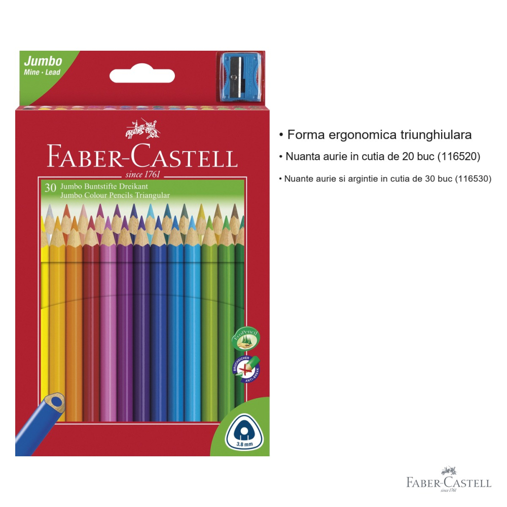 Set 30 creioane colorate Jumbo Faber-Castell, forma triunghiulara ergonomica + ascutitoare, pentru copii [3]