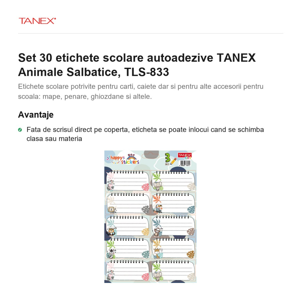 Set 30 etichete scolare autoadezive TANEX Animale Salbatice, TLS-833 [2]